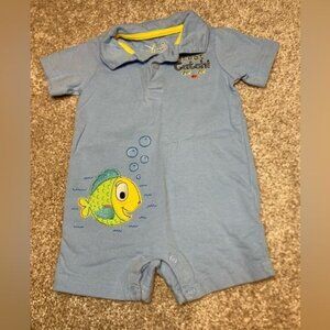 Jumping Beans Baby Romper With Collar Short Sleeves Blue Fish Embroidery 6M 100%